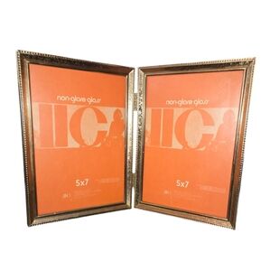 Vintage Brass & Non-Glare Glass Hinged Bi-Fold Dual 5X7 Photo Frames 10"X7"X0.5"